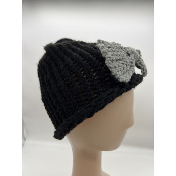 womens woven knit black and gray bow hat cap beanie feminine winter XS/S - Picture 3 of 9